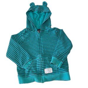 Carter's Baby Bear Ears Zip Hoodie Aqua/Teal Gray Stripes Unisex Sz 24M